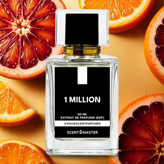 Perfume bottle labeled '1 Million' surrounded by sliced oranges on a yellow background