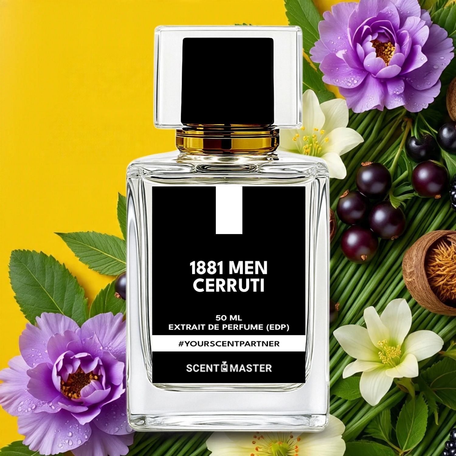 Perfume bottle labeled '1881 Men Cerruti' surrounded by flowers and leaves on a yellow background