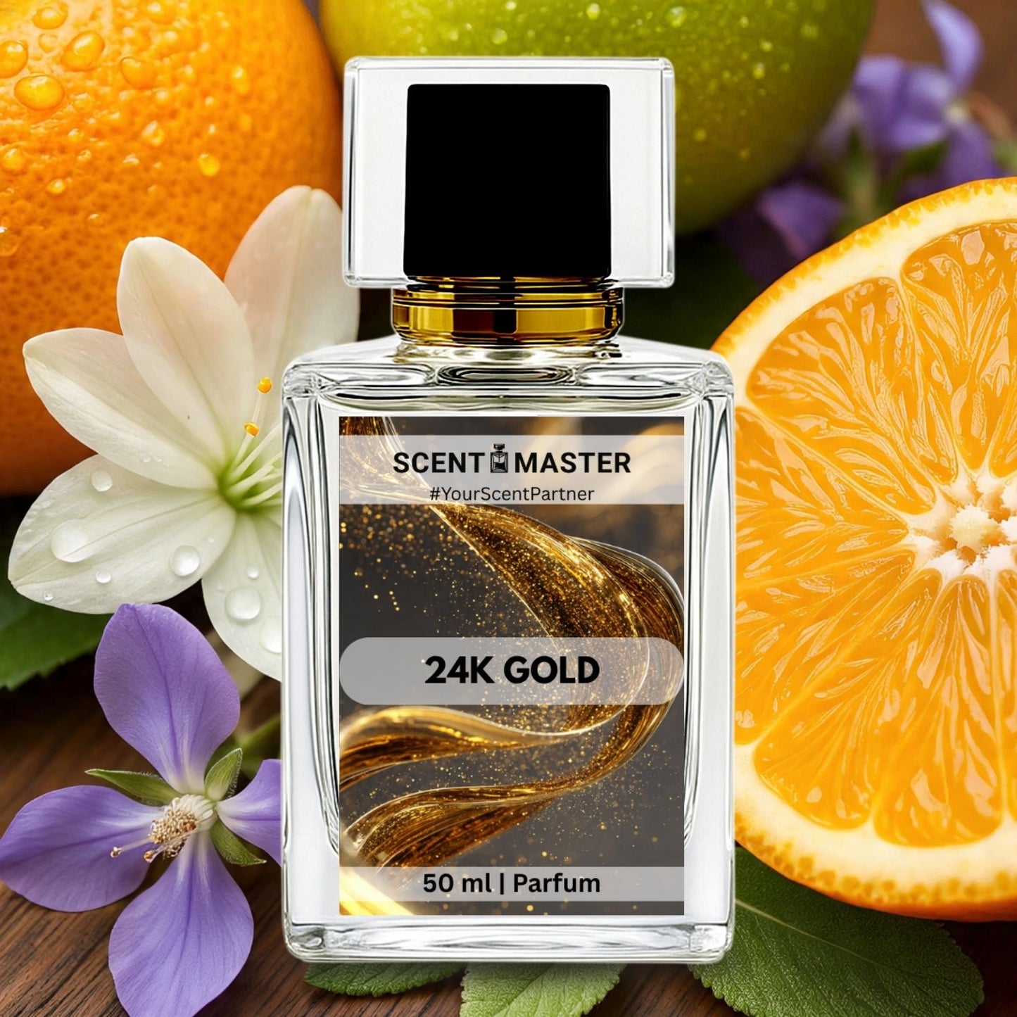 Perfume bottle labeled '24K Gold' surrounded by fruits and flowers