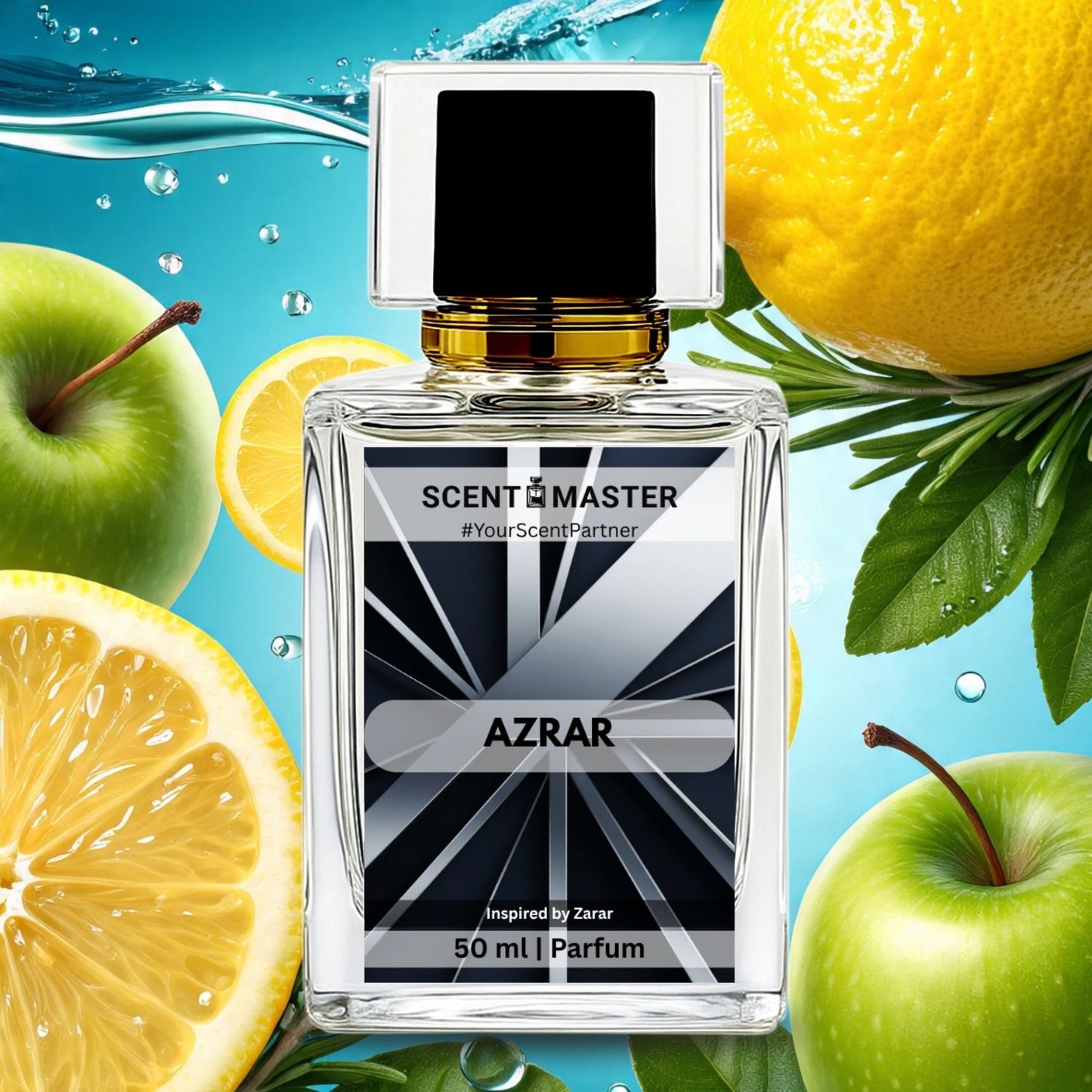 Perfume bottle labeled 'AZRAR' surrounded by lemons and apples on a blue background