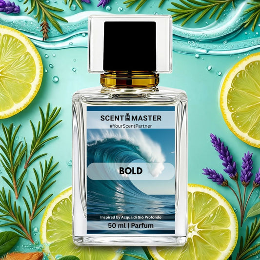 Perfume bottle labeled 'Scent Master Bold' surrounded by lemons, lavender, and greenery on a blue background