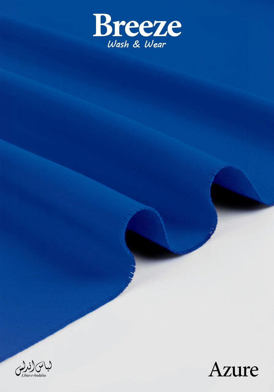 Azure fabric with 'Breeze Wash & Wear' branding on a white background