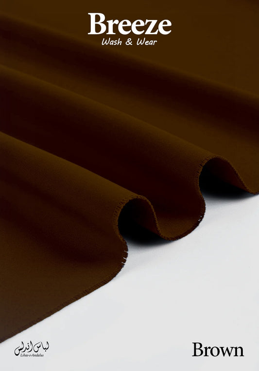 Brown fabric with 'Breeze Wash & Wear' branding on a white background