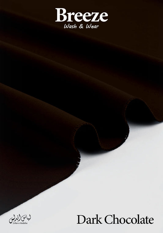 Dark chocolate fabric with 'Breeze Wash & Wear' branding on a white background