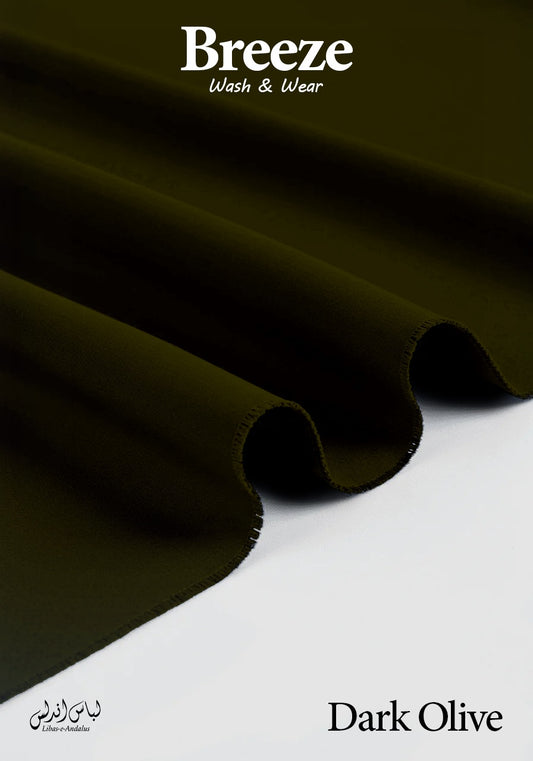Dark olive fabric roll with 'Breeze Wash & Wear' branding on a white background