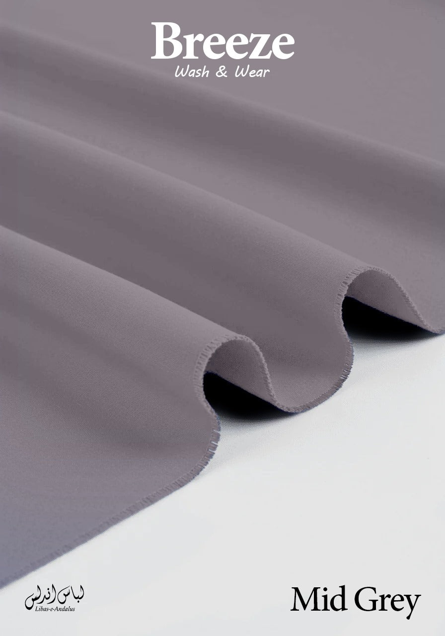 Mid Grey fabric with 'Breeze Wash & Wear' branding on a white background