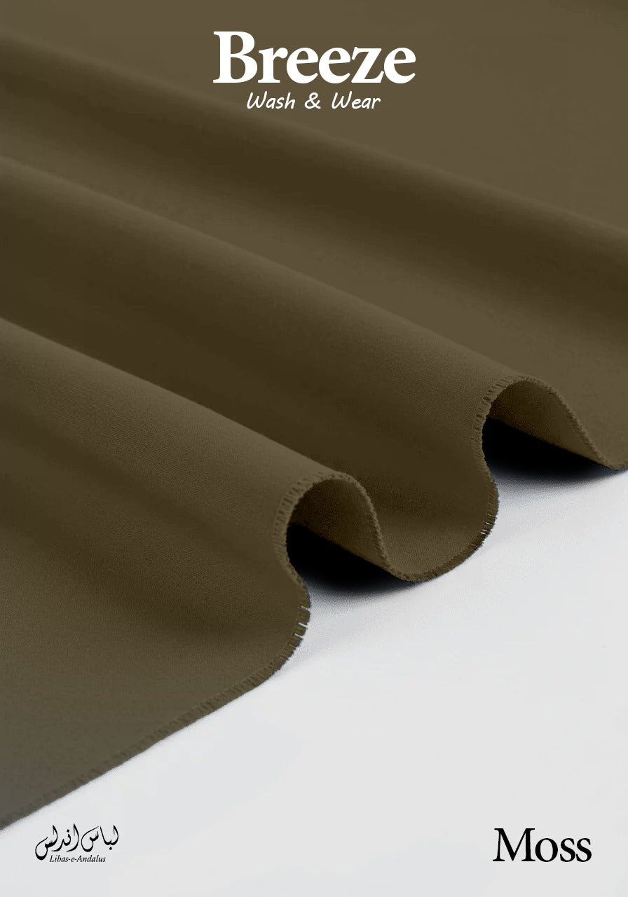 Moss fabric with 'Breeze Wash & Wear' and 'Moss' text on a white background