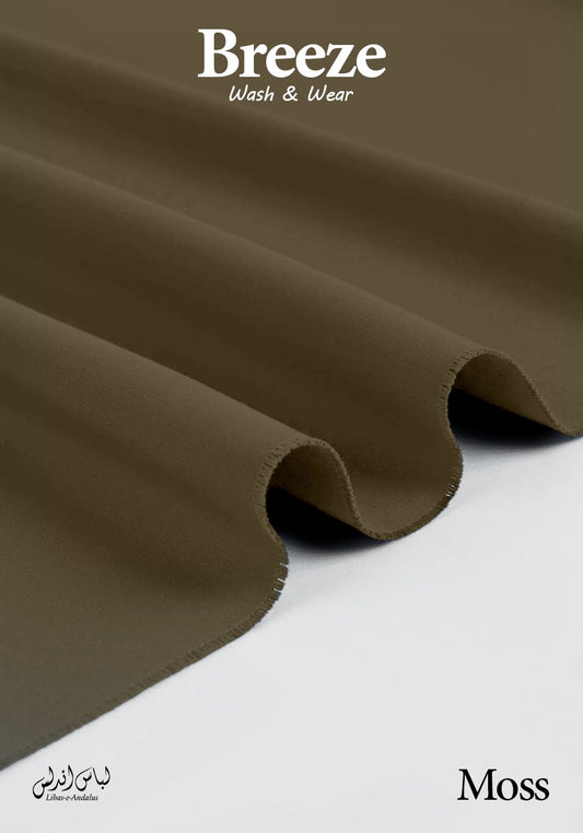 Moss fabric with 'Breeze Wash & Wear' and 'Moss' text on a white background