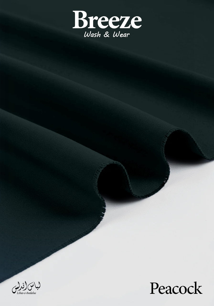 Peacock fabric with 'Breeze Wash & Wear' branding on a white background