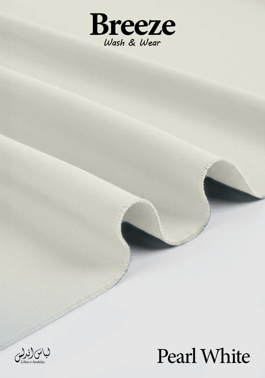 Pearl white fabric with 'Breeze Wash & Wear' branding on a light gray background