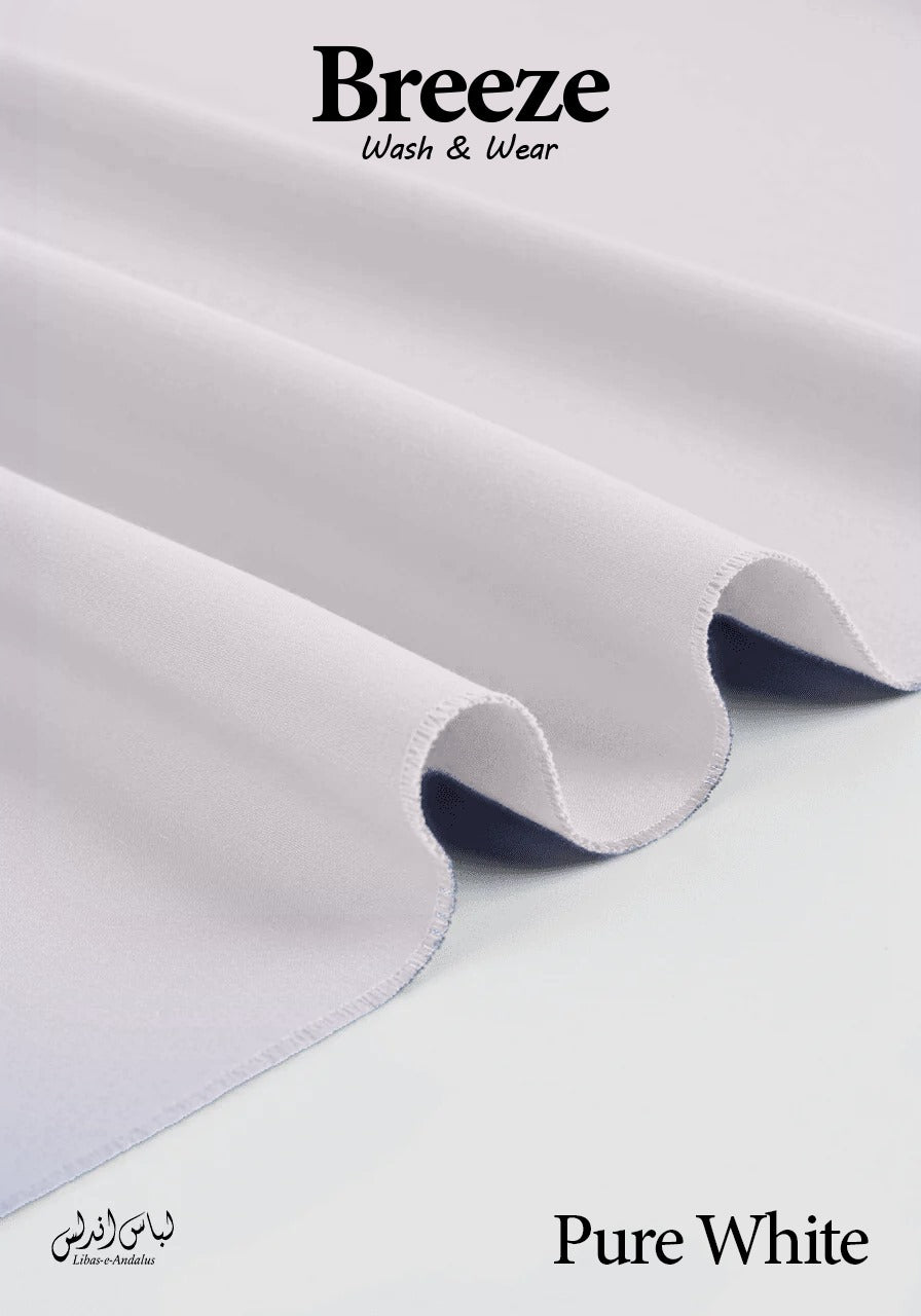 Pure white fabric with 'Breeze Wash & Wear' branding on a light gray background