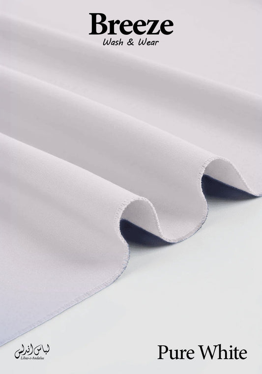 Pure white fabric with 'Breeze Wash & Wear' branding on a light gray background