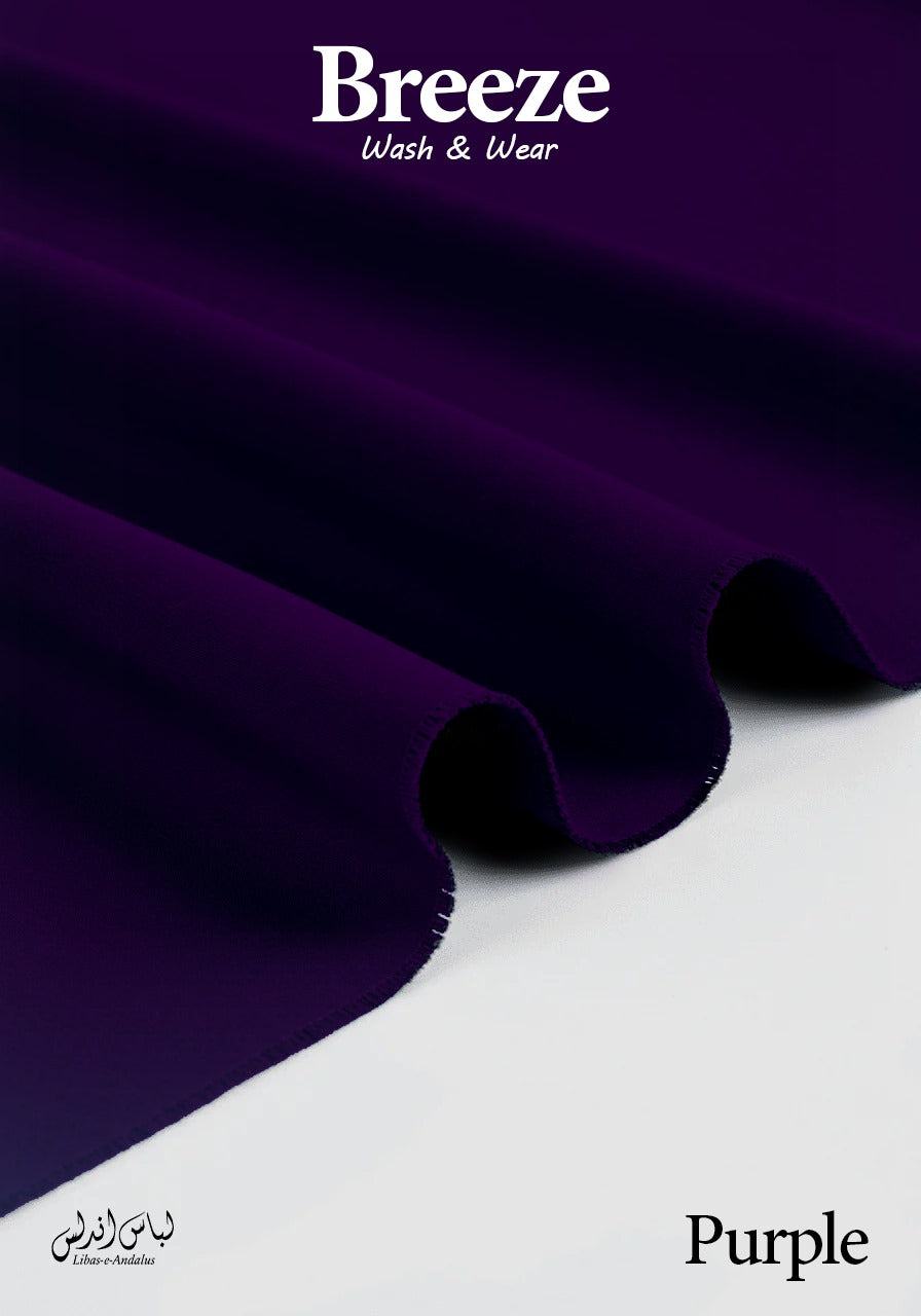 Purple fabric with 'Breeze Wash & Wear' branding on a white background