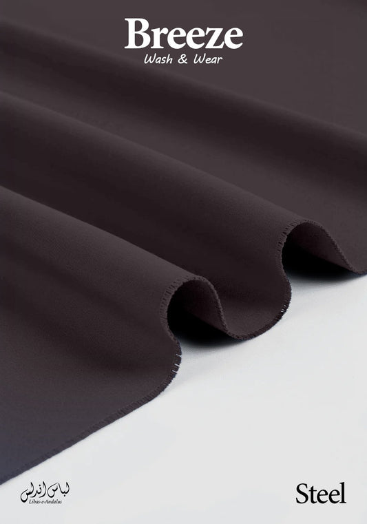 Steel fabric with 'Breeze Wash & Wear' branding on a white background