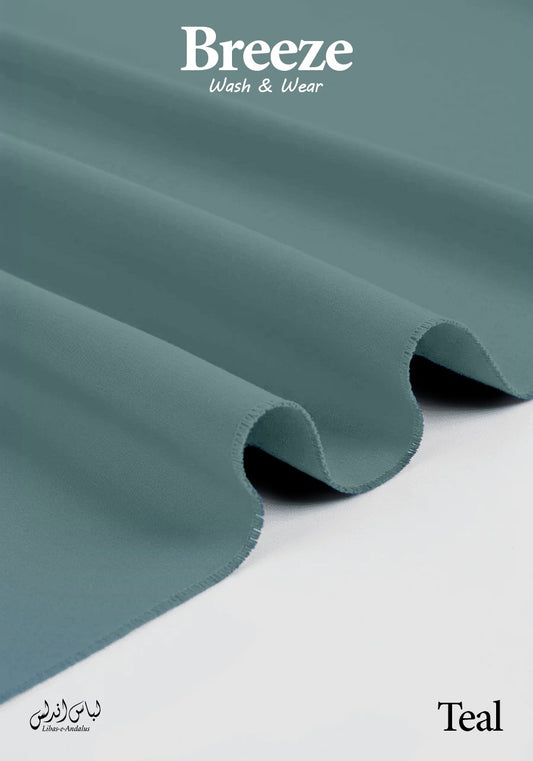 Teal fabric with 'Breeze Wash & Wear' branding on a white background
