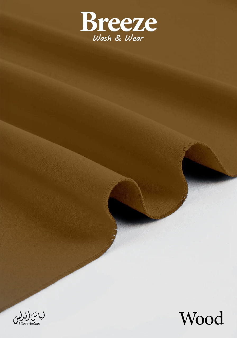 Wood Brown fabric with 'Breeze Wash & Wear' branding on a white background