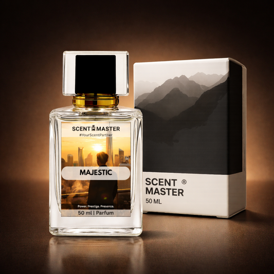 Perfume bottle and packaging with 'Scent Master Majestic' branding on a dark background