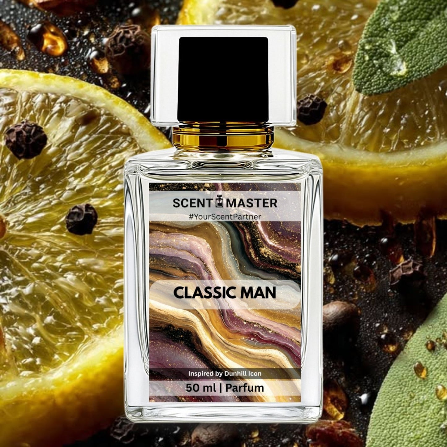 Perfume bottle labeled 'Scent Master Classic Man' surrounded by lemon slices and spices on a dark background