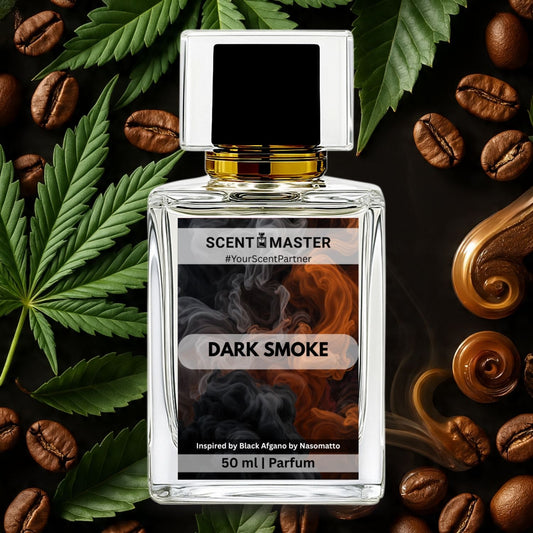 Perfume bottle labeled 'Scent Master Dark Smoke' surrounded by coffee beans and cannabis leaves.