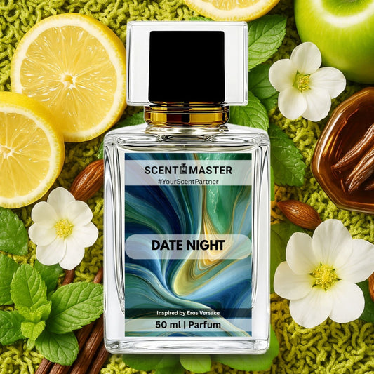 Perfume bottle labeled 'Scent Master Date Night' surrounded by lemons, apples, and flowers on a green textured background.