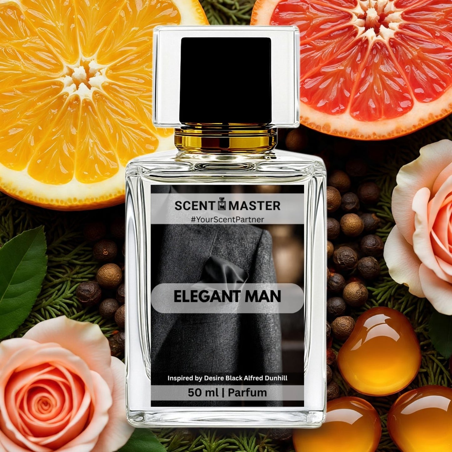 Perfume bottle labeled 'Scent Master Elegant Man' surrounded by fruits and flowers
