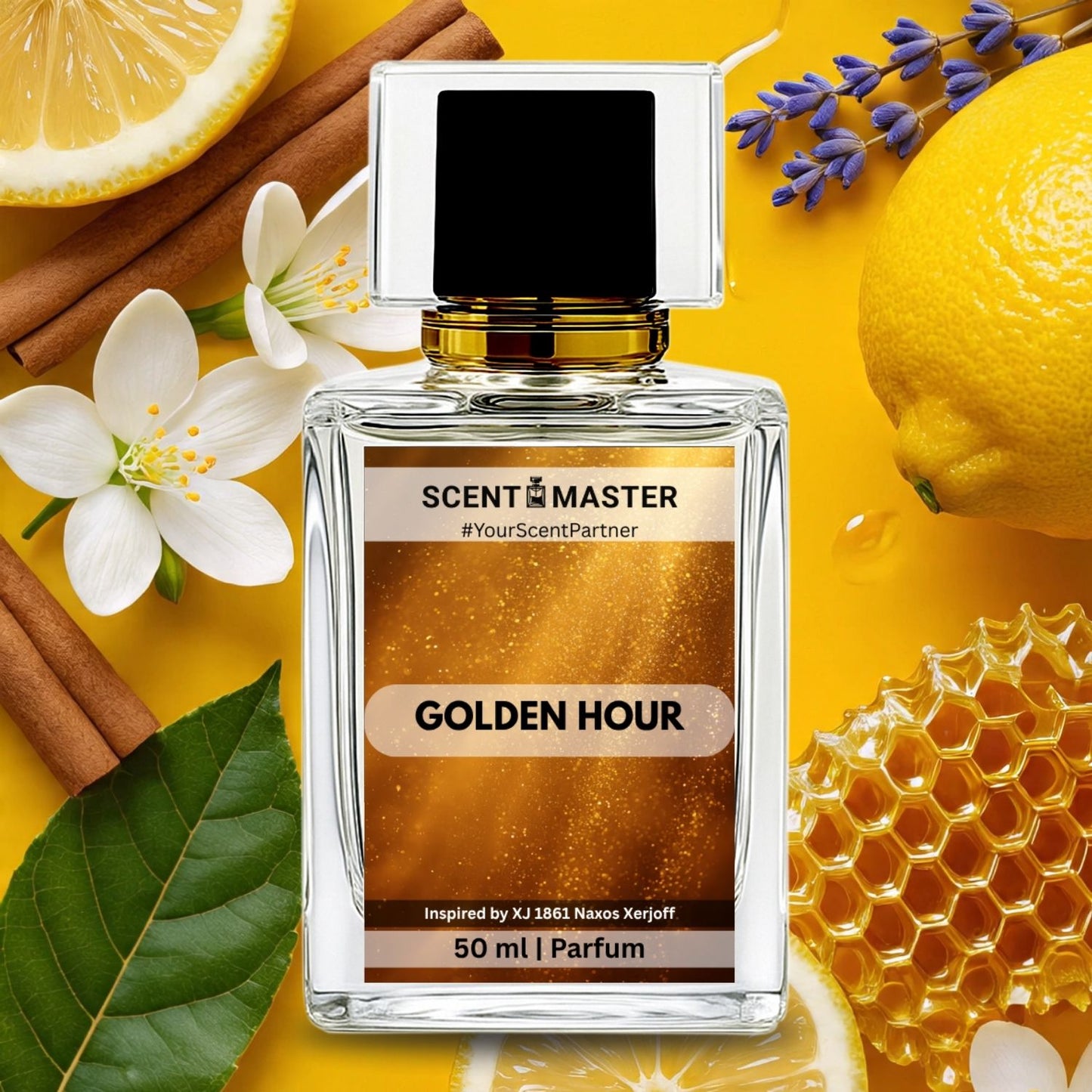 Perfume bottle labeled 'Golden Hour' by Scent Master with floral and citrus elements on a yellow background