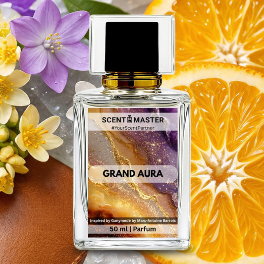 Perfume bottle labeled 'Grand Aura' with flowers and oranges in the background