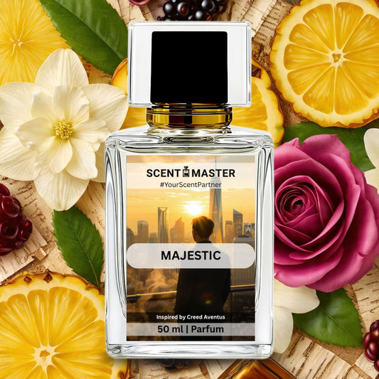 Perfume bottle labeled 'Scent Master Majestic' surrounded by flowers and fruit slices