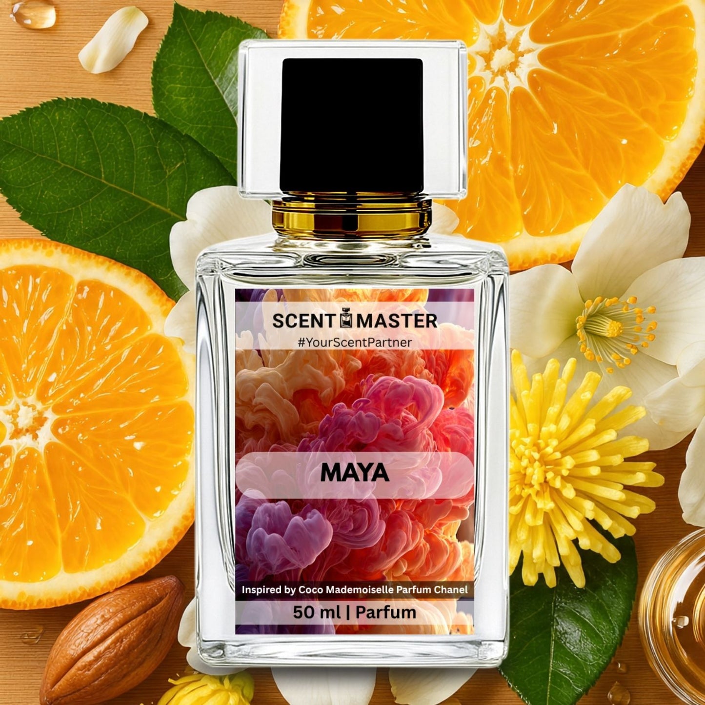 Perfume bottle labeled 'Scent Master Maya' surrounded by oranges, flowers, and leaves on a wooden surface.