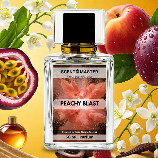 Perfume bottle labeled 'Peachy Blast' by Scent Master with fruit and floral elements on a yellow background