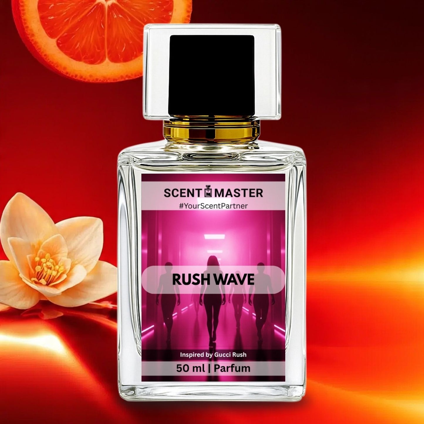 Perfume bottle labeled 'Scent Master Rush Wave' with a flower and orange slice on a red background