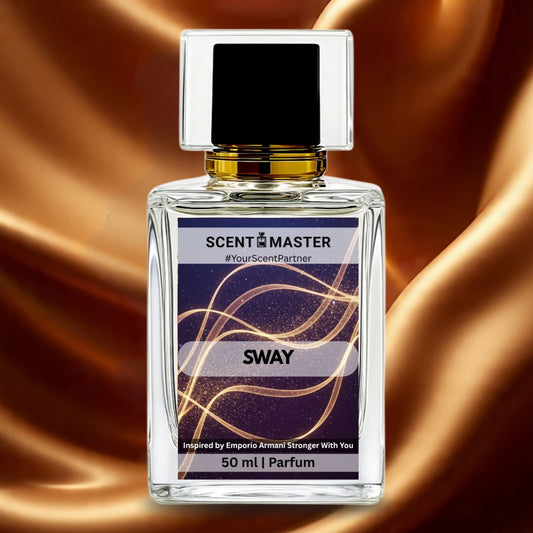 Perfume bottle labeled 'Scent Master Sway' on a brown fabric background
