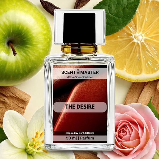 Perfume bottle labeled 'The Desire' surrounded by fruits, flowers, and leaves on a light background