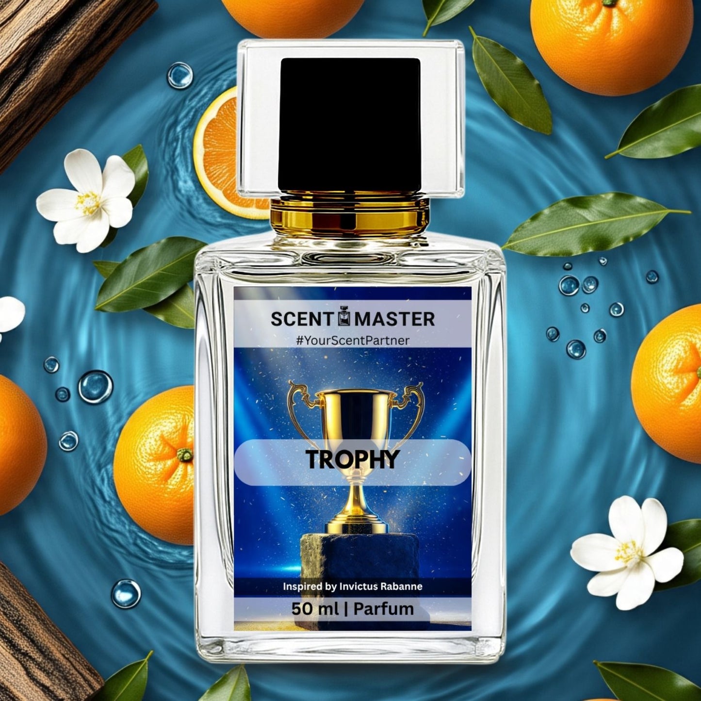 Perfume bottle labeled 'Scent Master Trophy' with oranges and flowers on a blue background