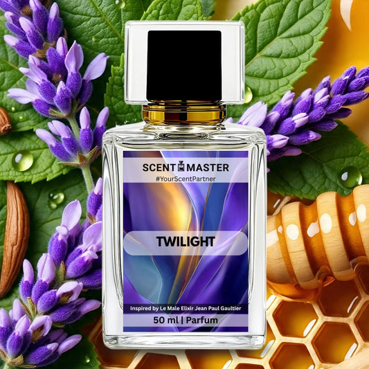 Scent Master Twilight perfume bottle surrounded by lavender flowers and honeycomb on a green leaf background