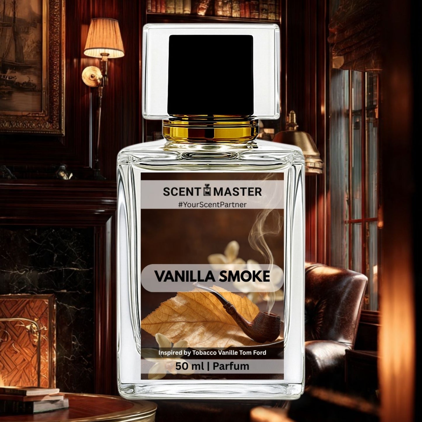Perfume bottle labeled 'Vanilla Smoke' by Scent Master in a luxurious room setting.