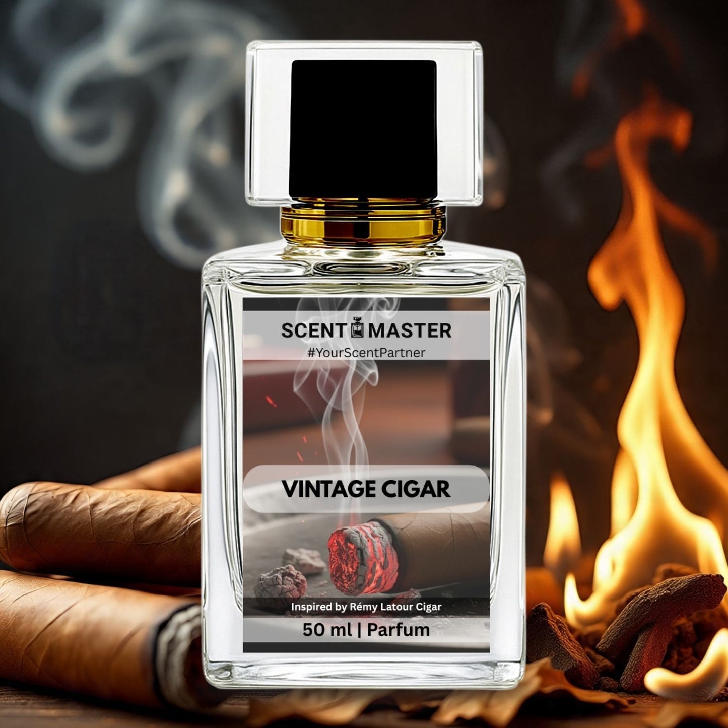 Perfume bottle labeled 'Vintage Cigar' with a cigar and flames in the background