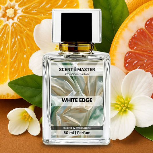 Scented product labeled 'White Edge' surrounded by citrus fruits and flowers