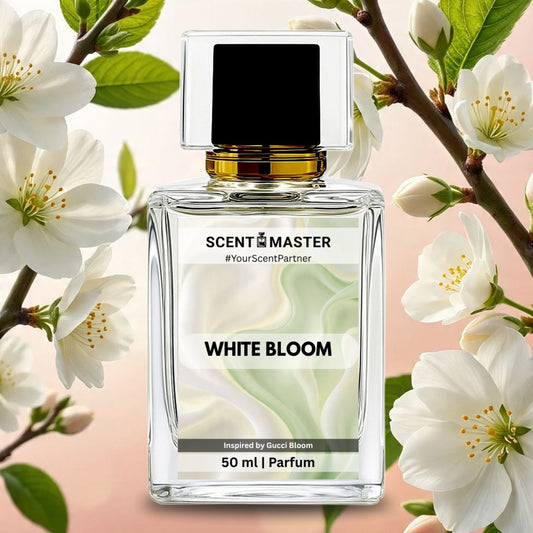 Perfume bottle labeled 'White Bloom' by Scent Master with floral background