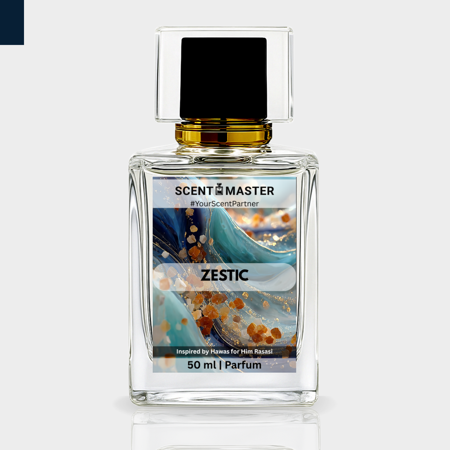 Perfume bottle labeled 'Zestic' by Scent Master on a light gray background