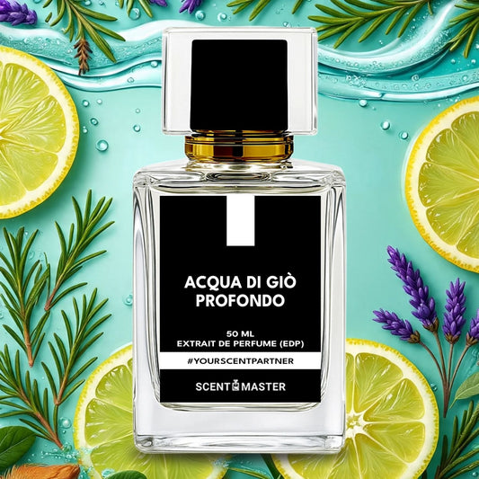 Perfume bottle labeled 'Acqua di Giò Profondo' surrounded by lemons, lavender, and greenery on a blue background