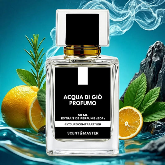 Perfume bottle labeled 'Acqua di Giò Profumo' with lemons and leaves on a blue background