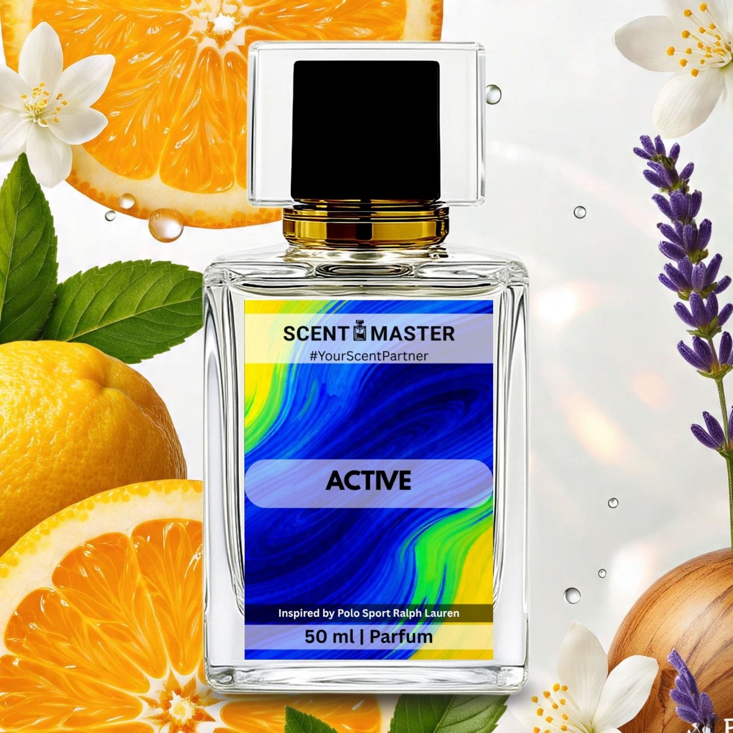 Perfume bottle labeled 'Scent Master' with colorful label, surrounded by fruits and flowers.