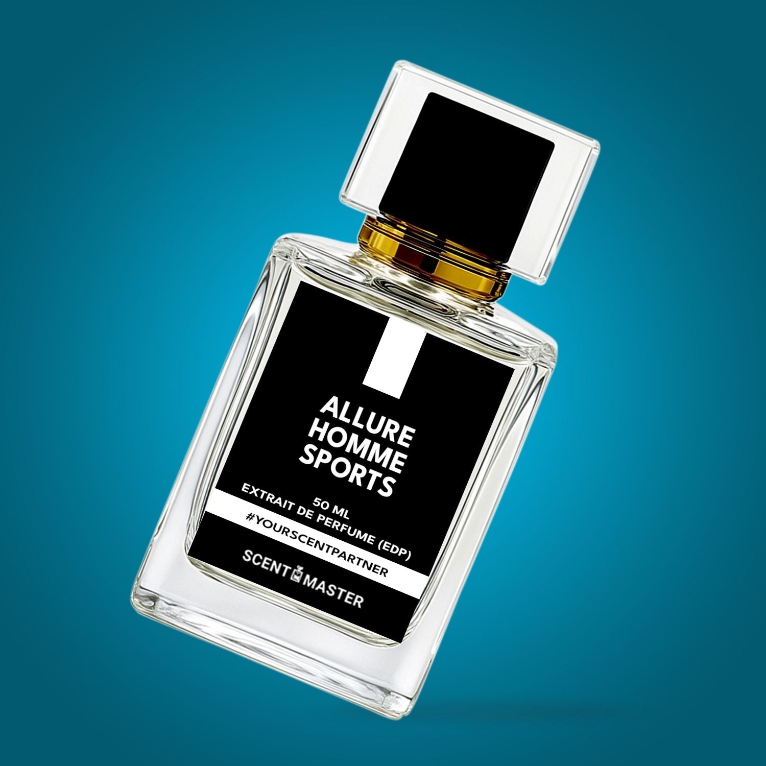 Perfume bottle labeled 'Allure Homme Sports' on a blue gradient background