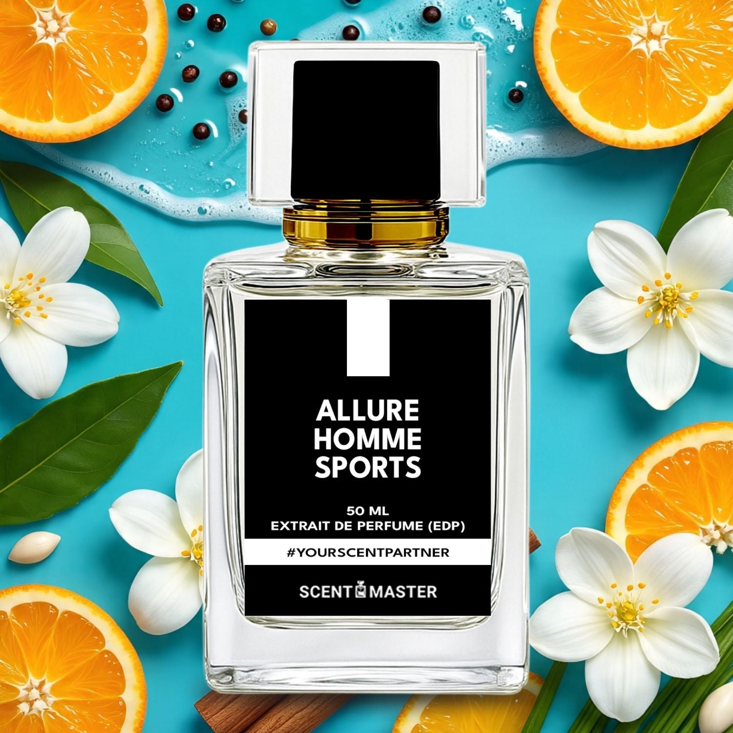 Perfume bottle labeled 'Allure Homme Sports' surrounded by oranges and flowers on a blue background