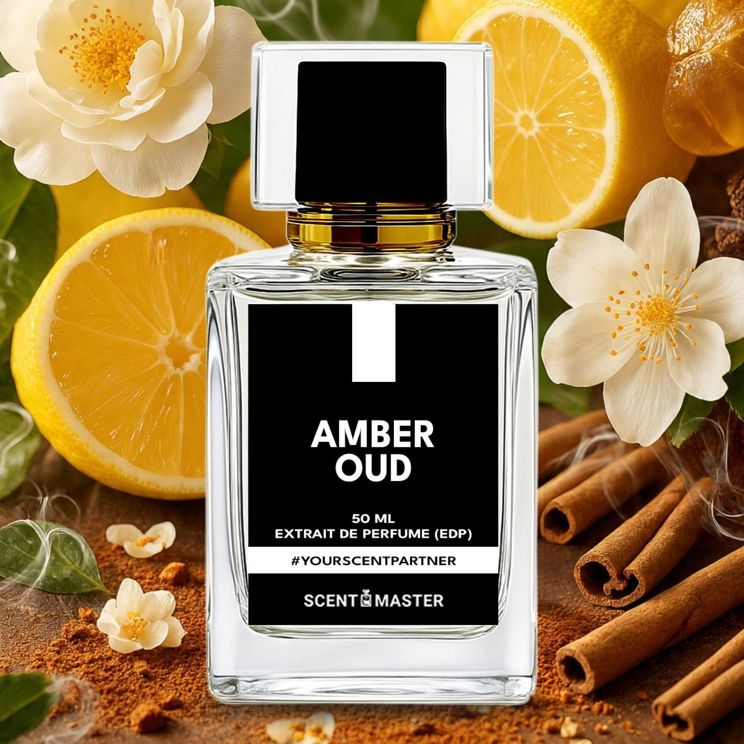 Perfume bottle labeled 'Amber Oud' with lemons, flowers, and cinnamon sticks in the background