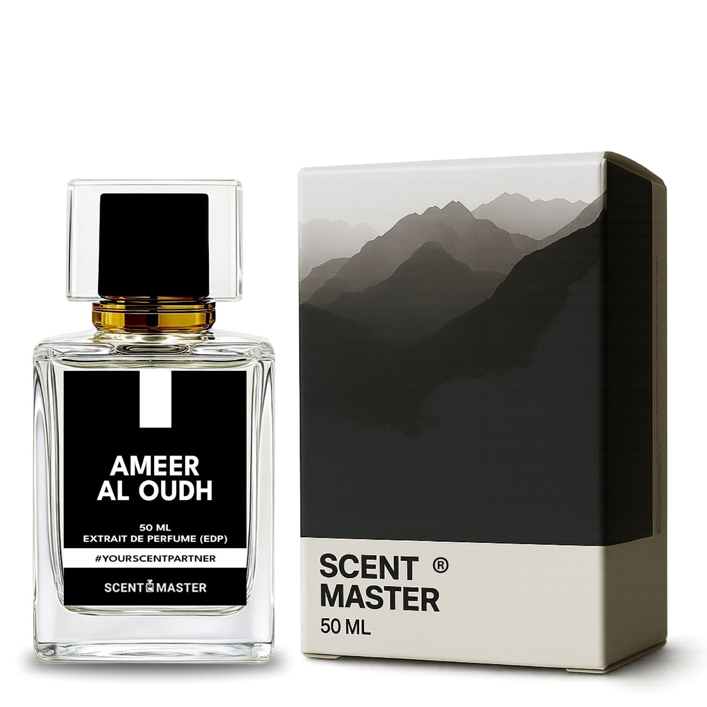 Ameer Al Oudh perfume bottle and packaging with 'Scent Master' branding on a white background.