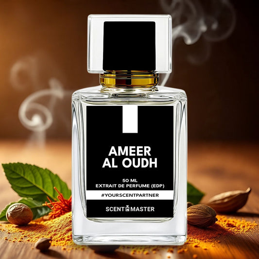 Perfume bottle labeled 'Ameer Al Oudh' with oudh ingredients on a wooden surface.