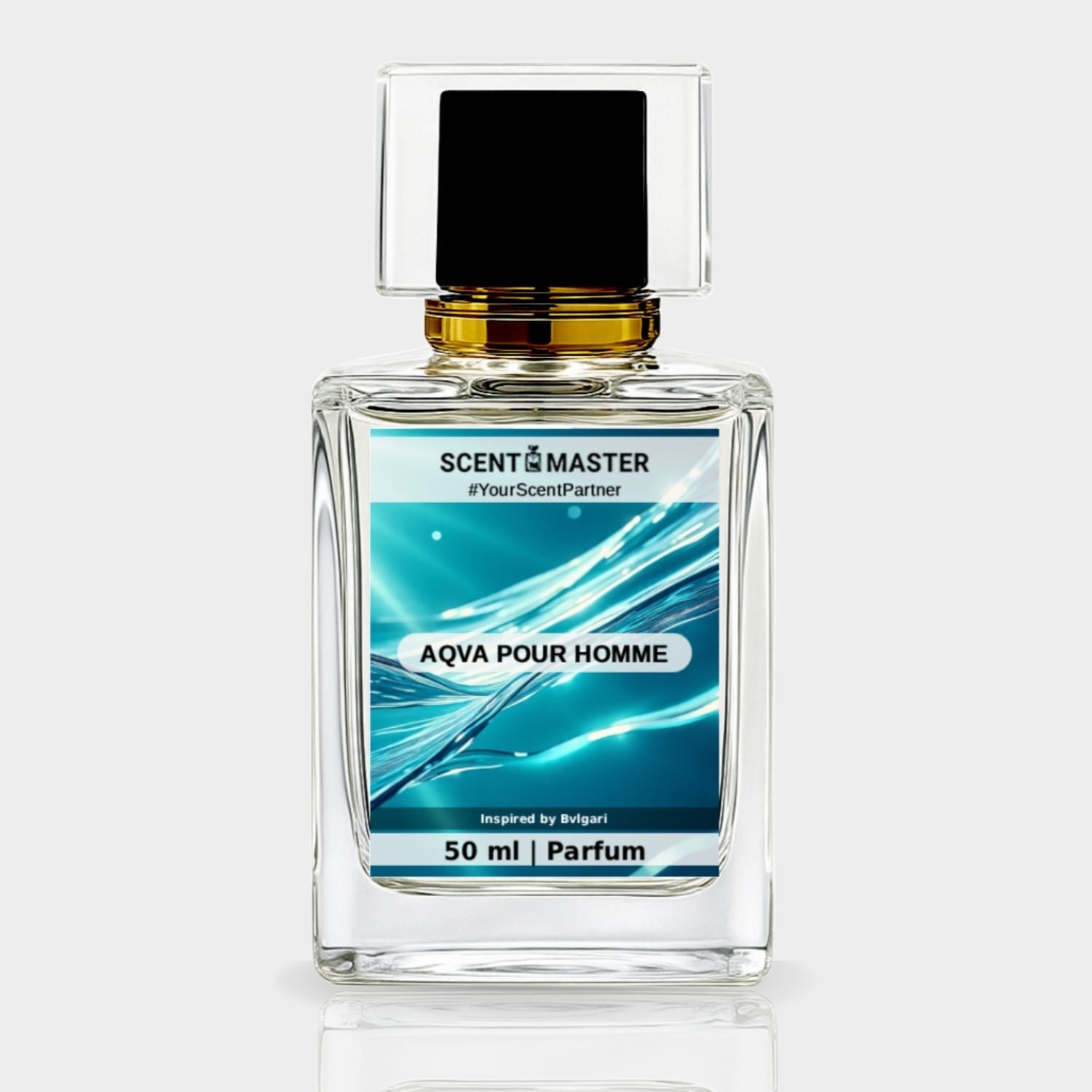 Perfume bottle labeled 'Aqua Pour Homme' by Scent Master on a white background