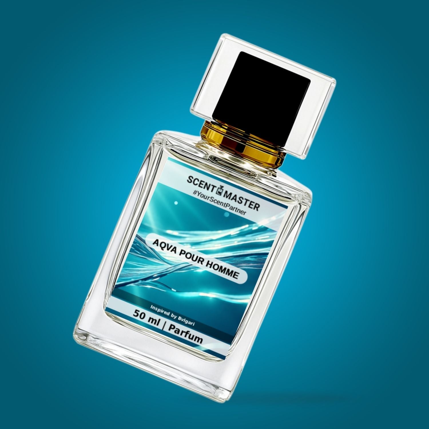 Perfume bottle labeled 'Aqua Pour Homme' by Scent Master on a blue gradient background